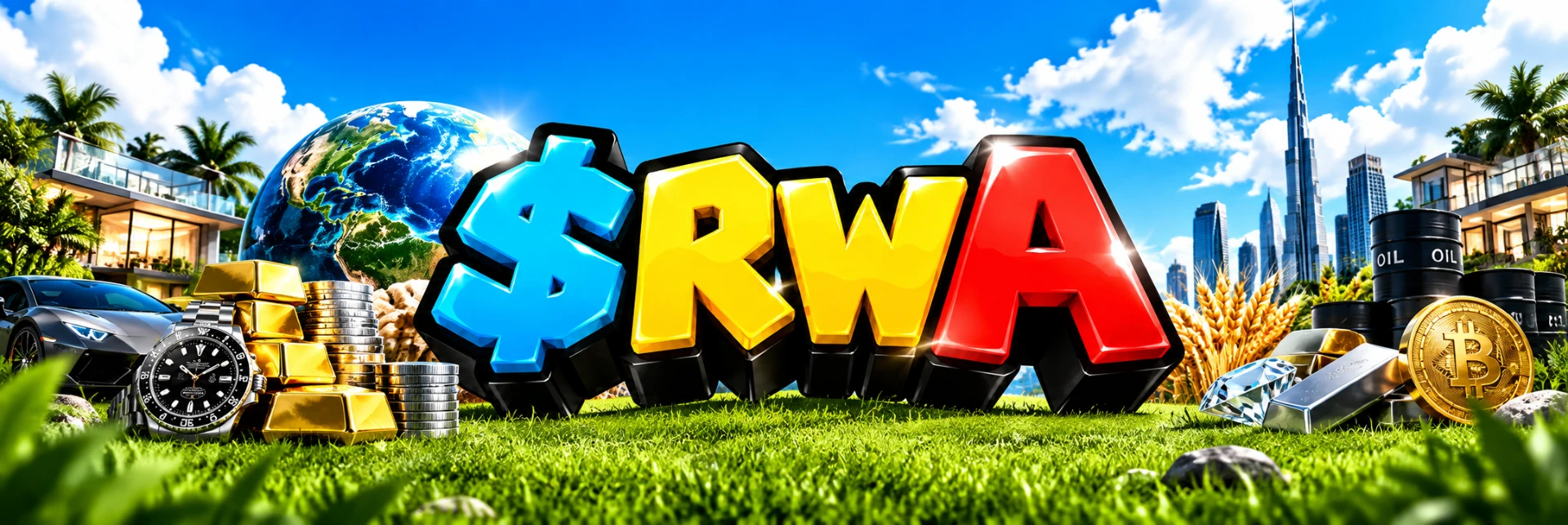 $RWA banner with gold, silver, real estate and other real-world assets